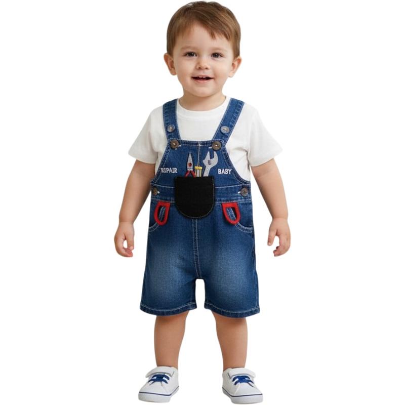 2613 toptan 6-9-12-18 aylık bebekler için Repair Baby nakışlı kot salopet