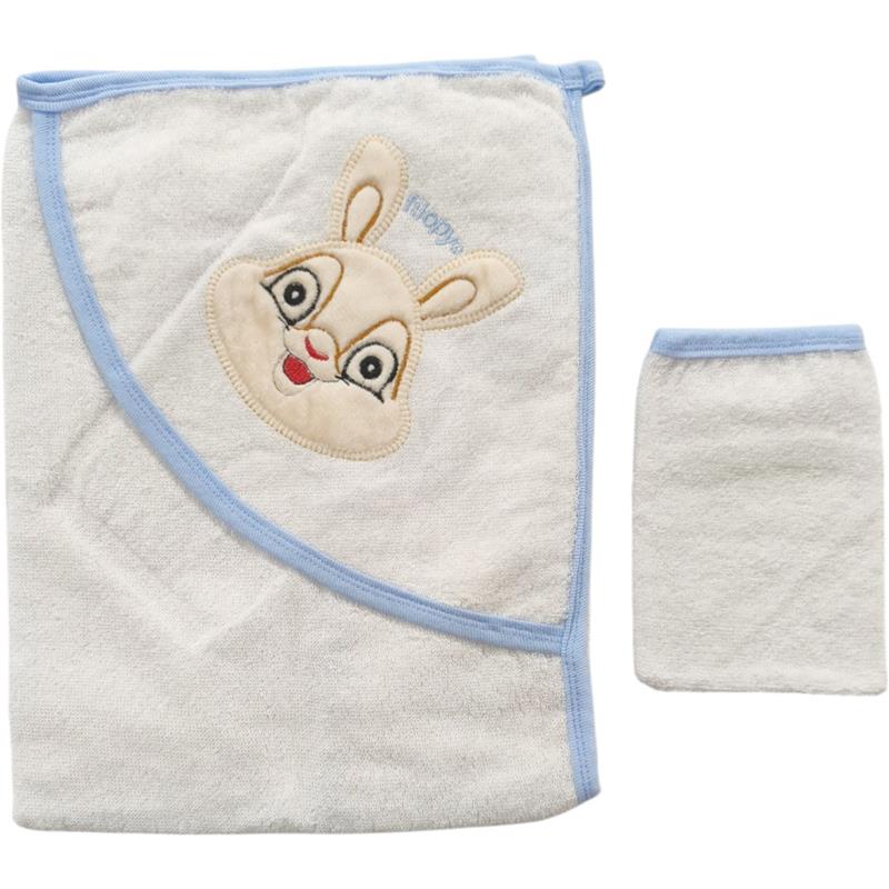 102 toptan bebek tavşan nakışlı kapüşonlu banyo havlu ve kese ikili set