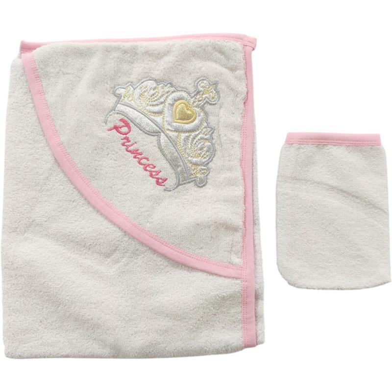 103 toptan bebek taç nakışlı kapüşonlu banyo havlu ve kese ikili set