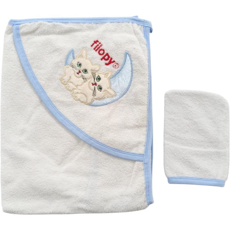 105 toptan bebek kedi nakışlı kapüşonlu banyo havlu ve kese ikili set