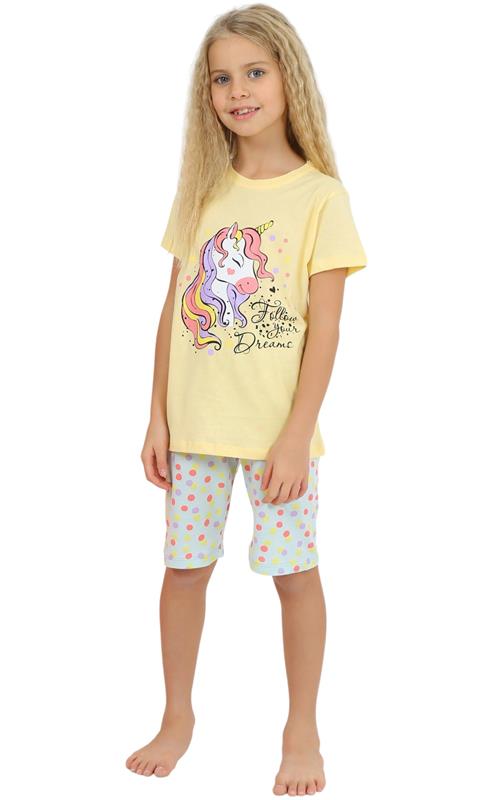 22865 unicorn baskılı kız çocuk yazlık pijama takımı toptan 10/15 yaş