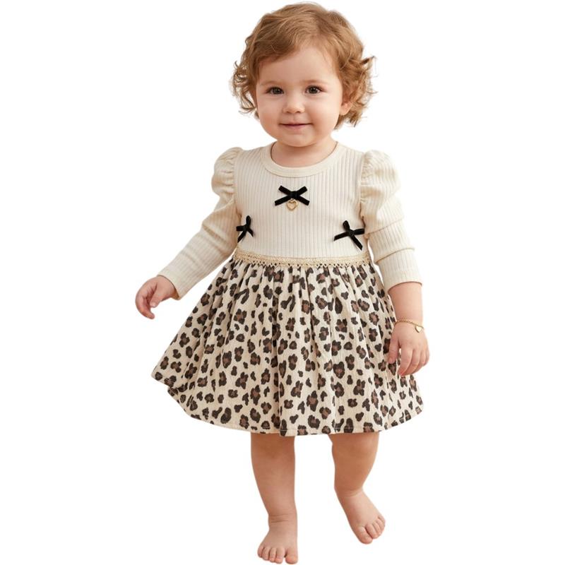5009 toptan 9-24 aylık kız çocuklar için mevsimlik leopar desenli elbiseler