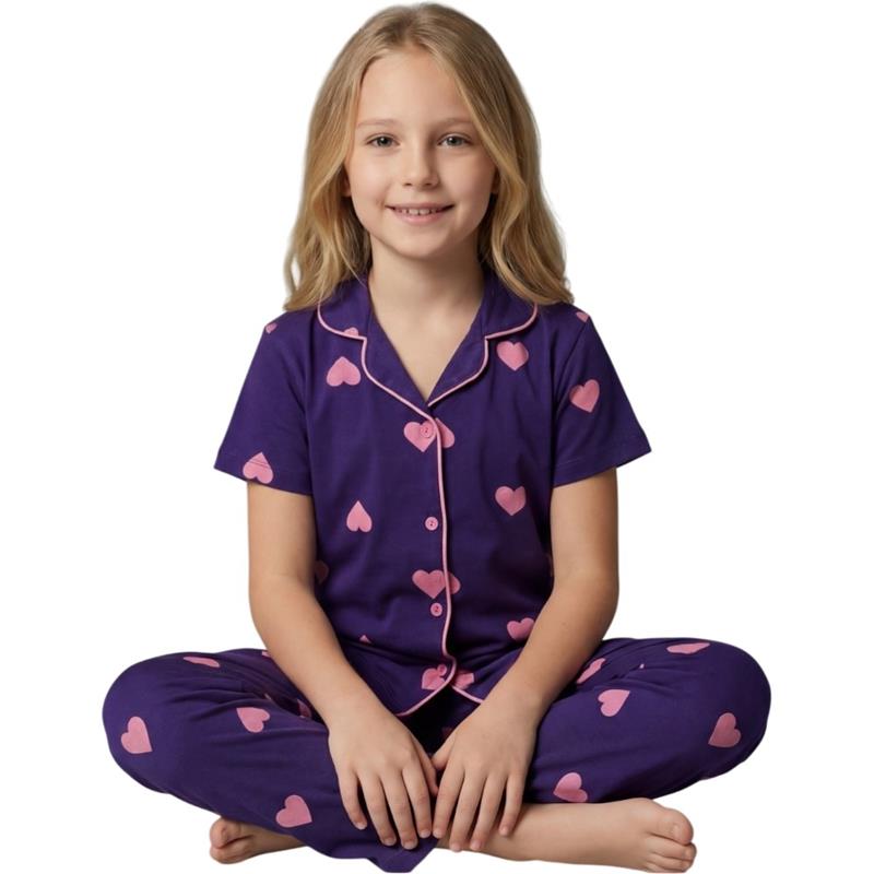 07708 toptan 10-15 yaş kız çocuklar için kalp desenli mor renkli düğmeli yazlık pijama takımı