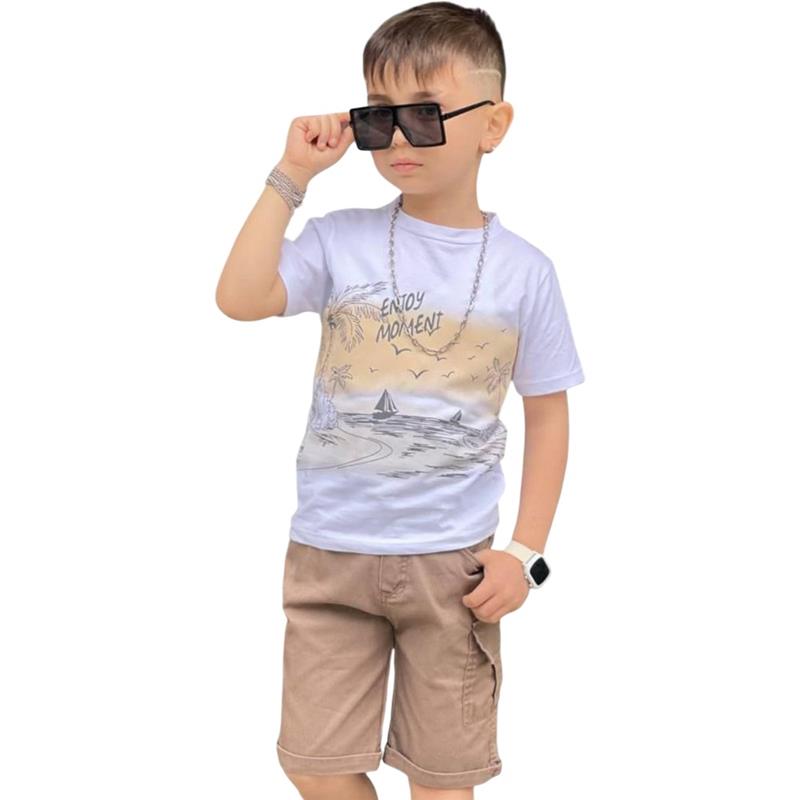 7532 toptan 6/9 yaş erkek çocuklar için ENJOY MOMENT baskılı yazlık tişört ve şortlu ikili takım