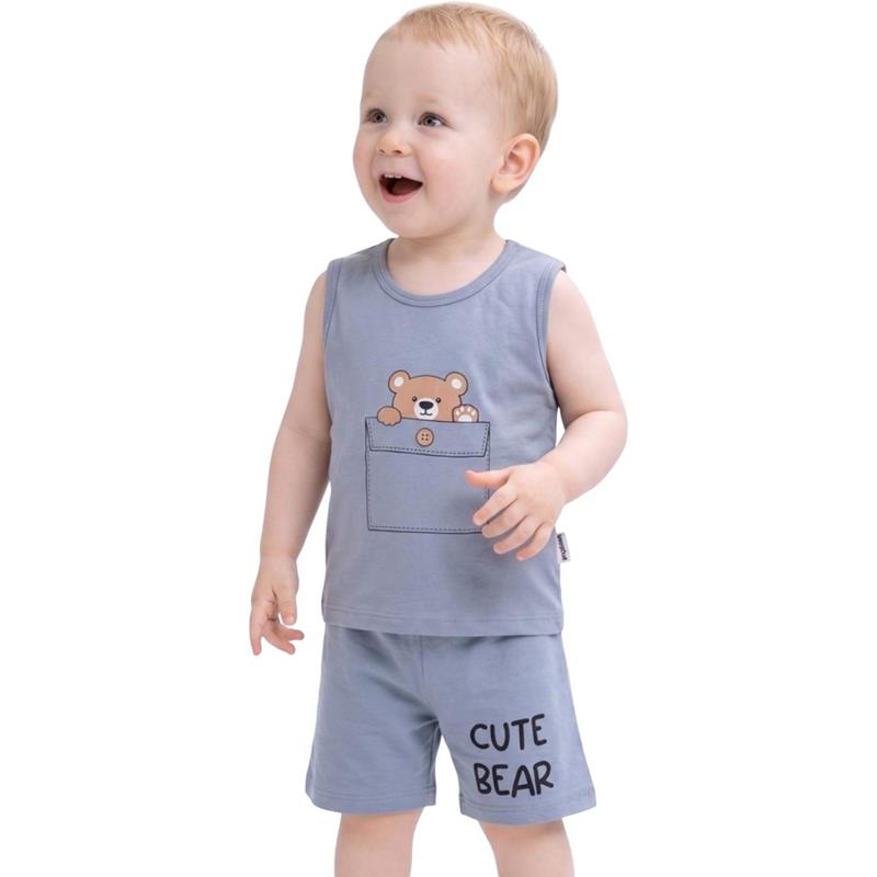 26168 toptan 9-24 aylık erkek çocuklar için yazlık CUTE BEAR baskılı askılı tişört ve şortlu ikili takım 