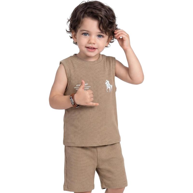 40984 Wholesale summer two-piece set for 2-5 year old children: ATHLETIC printed t-shirt and shorts.