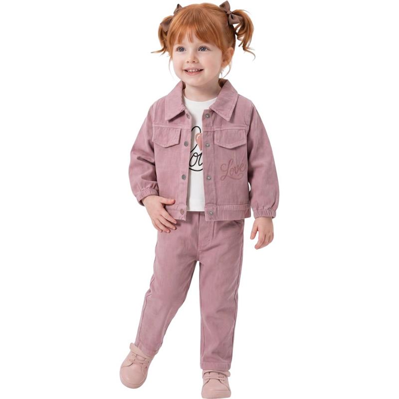1367 Toptan 9/24 AYLIK Kız Bebek Nakış Detaylı Ceketli LOVE YAZI 3'lü Takım  