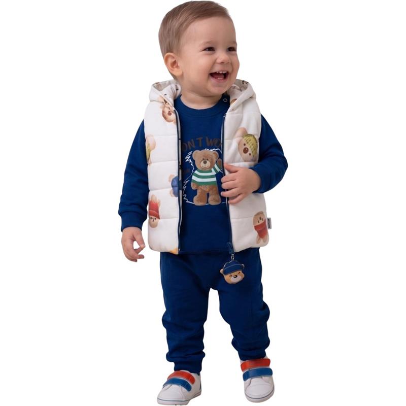 6614 toptan 9-18-24 aylık erkek çocuklar için elyaf dolgu yelekli üçlü takım (set: baskılı uzun kollu sweatshirt, pantolon, yelek) 