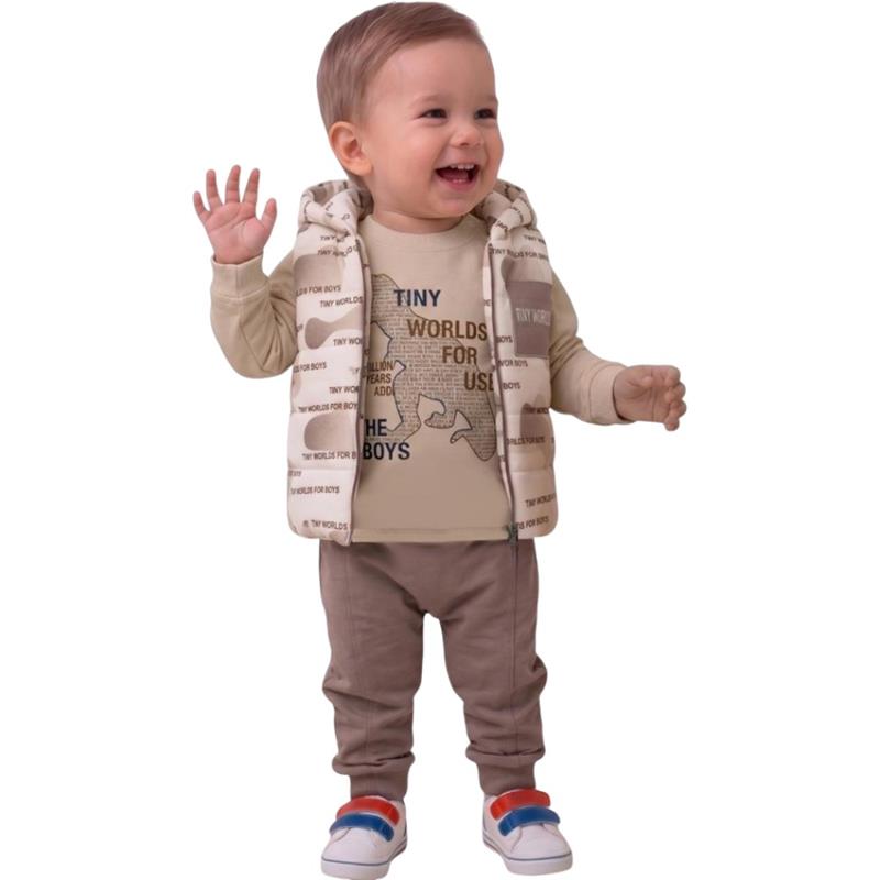 6615 toptan "Tiny Worlds for Boys" baskılı erkek çocuk giyim seti (uzun kollu tişört, yelek ve pantolondan oluşmaktadır) 9-18-24 aylık bedenler için