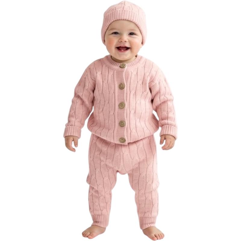 6103 toptan bebek triko seti (düğmeli hırka, pantolon, şapka) 3-12 aylık bebekler için