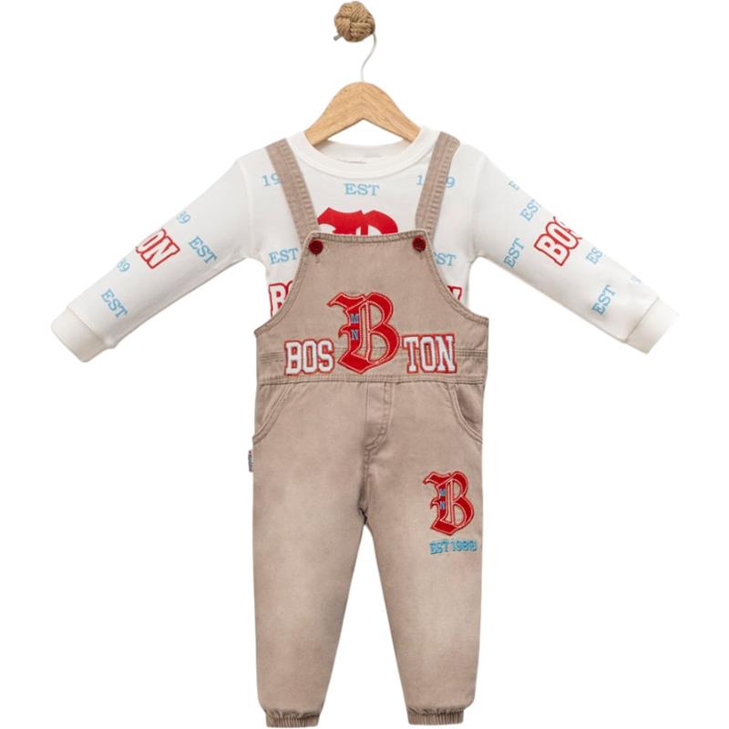 622 toptan 12-18-24 aylık erkek çocuklar için BOSTON nakışlı sweatshirt lü salopet takımı