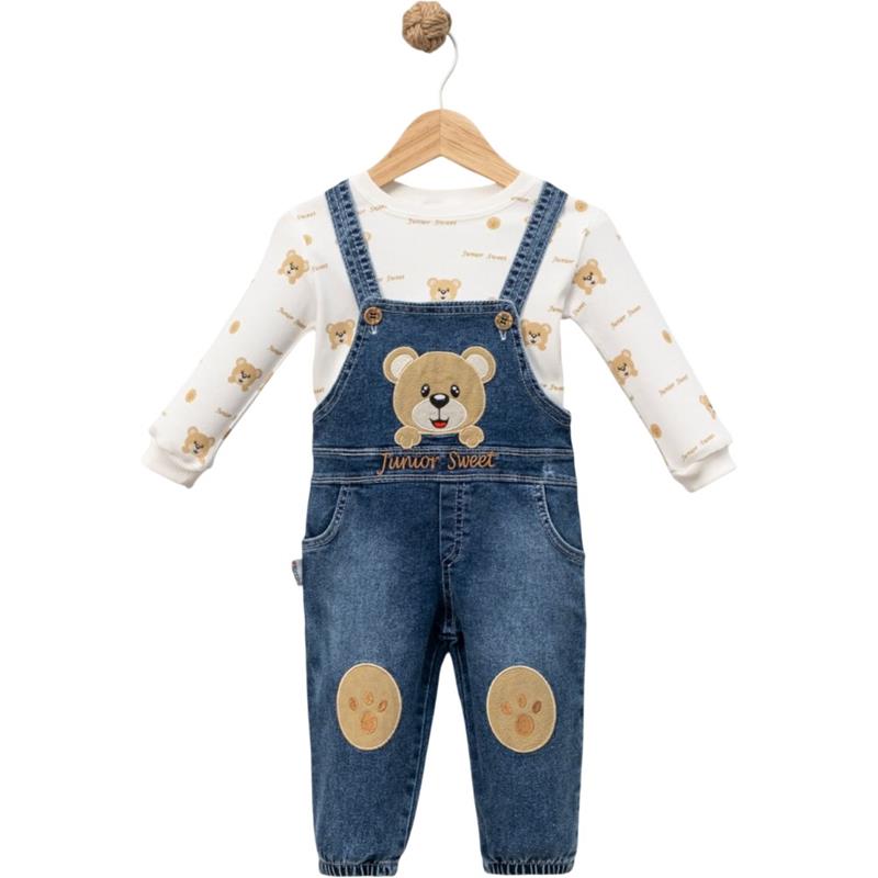 613 toptan  12-18-24 aylık erkek çocuklar için uzun kollu sweatshirt ve  "Junior Sweet" nakışlı kot tulum,salopet