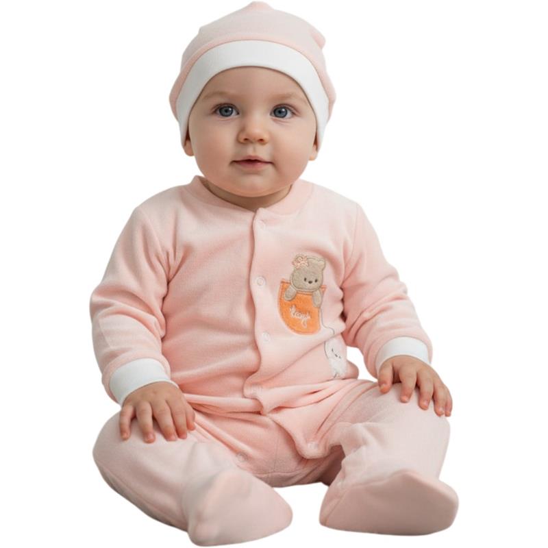 1512 toptan 3-6-9 aylık bebekler için oyuncak ayı şeklinde dekoratif bir aplike ile süslenmiş tulum ve şapkalı ikili set