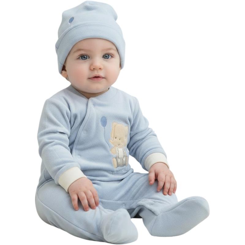 1516 toptan 3-6-9 aylık bebekler için fil desenli tulum ve şapkalı ikili set