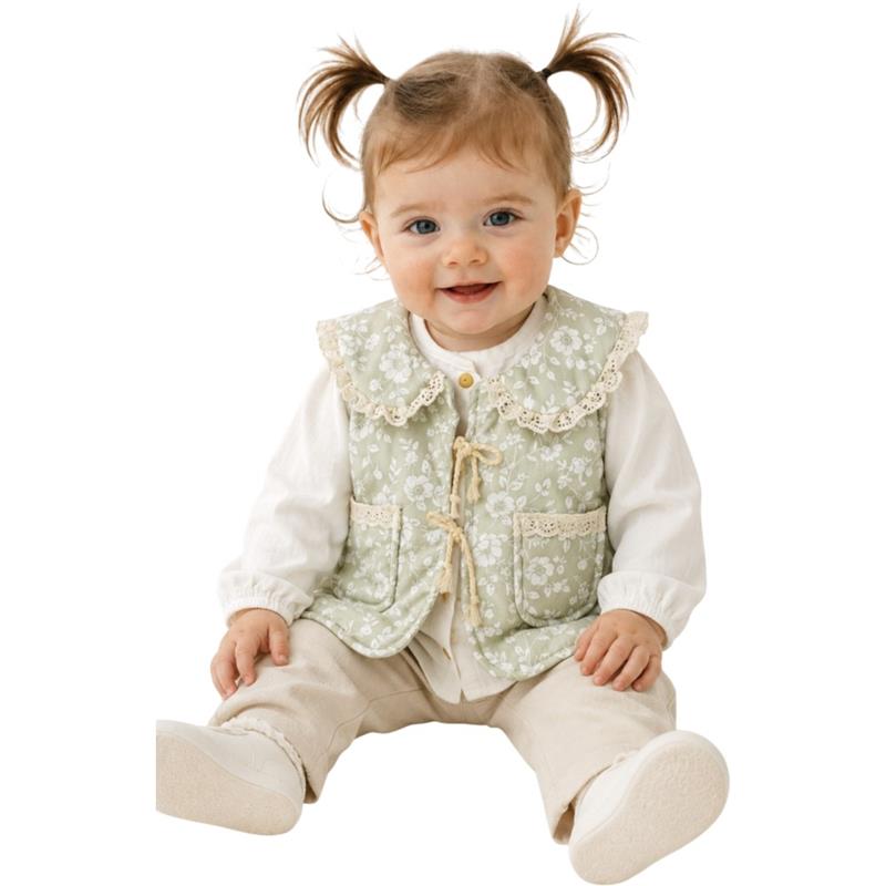 5266 toptan 6-9-12-18 aylık kız çocuk çiçek desenli yelek, uzun kollu sweatshirt, pantolon giyim seti 