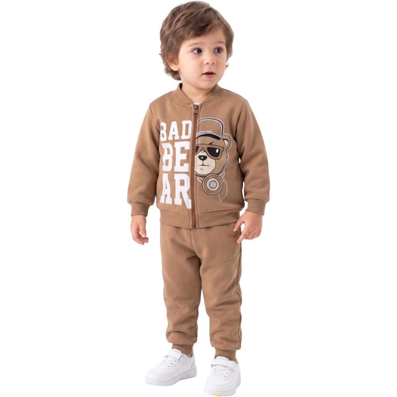 872 toptan 2-3-4 yaş arası erkek çocuklar için "BAD BEAR" baskılı,  iki parçalı fermuarlı ceket ve pantolonlu takım elbise 