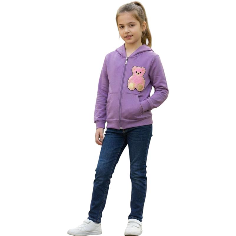 3720 toptan 3/12 yaş kızlar için ayı şeklinde dekoratif aplikeli, kapüşonlu ve fermuarlı polar çocuk sweatshirt
