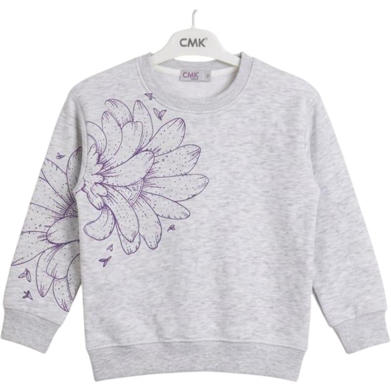 2635 CMK markalı, üç iplikli kumaştan (3 iplikli polar) üretilmiş, çiçek desenli, 3-12 yaş arası kız çocukları için sweatshirt'ü toptan satışı