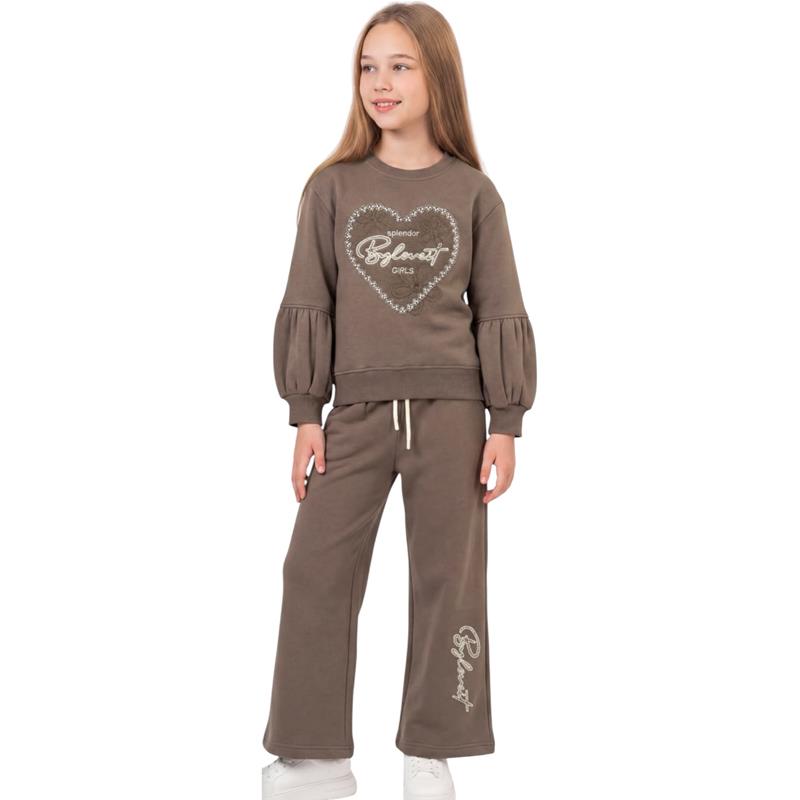 7408  toptan 5-8 yaş arası kız çocuklar için üç iplikli polar kumaştan üretilmiş bol kollu sweatshirt ve geniş paçalı pantolon eşofman takımı 