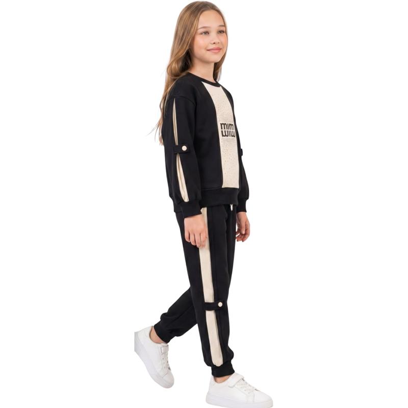8404  toptan 9-12 yaş arası kız çocuklar için üç iplikli polar kumaştan üretilmiş sweatshirt ve pantolon eşofman takımı 