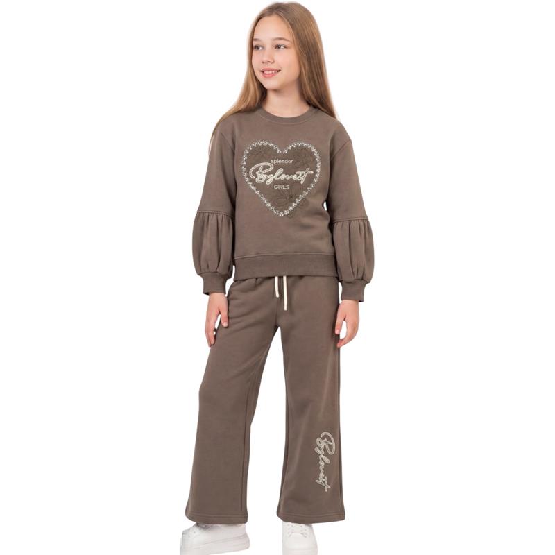 8408 toptan 9-12 yaş arası kız çocuklar için sweatshirt ve pantolondan oluşan şardonlu eşofman takımı