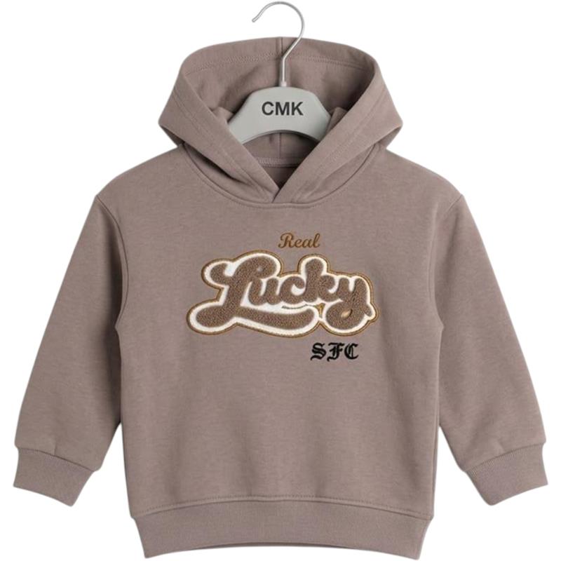 3115  toptan çocuk kapüşonlu sweatshirt (üzerinde "Real Lucky SFC" nakışlı model), 3-12 yaş arası erkek çocuklar için