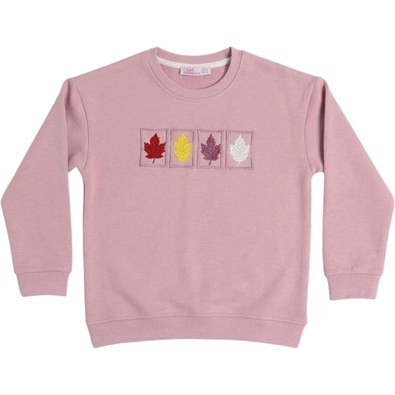 2610 toptan  3-12 yaş arası kız çocuklar için polarlı üç iplikli kumaştan yapılmış, yaprak işlemeli çocuk sweatshirt 