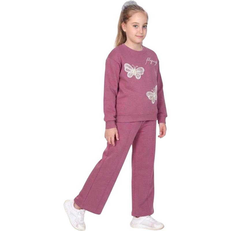 4160  toptan 5/12 yaş kız çocuklar için (uzun kollu sweatshirt ve pantolonlu ) «flying» yazılı ve dekoratif kelebekli eşofman takımı