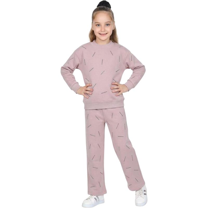 4140 toptan 5-12 yaş arası kız çocuklar için üç iplikli polar kumaştan üretilmiş,sweatshirt ve pantolon çocuk ikili takımı
