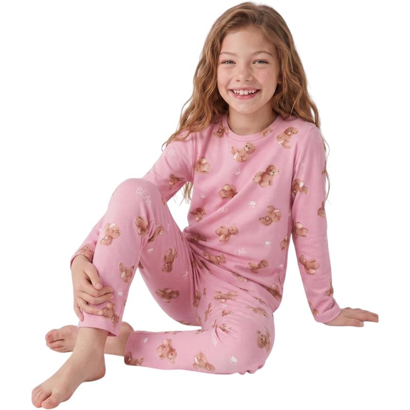 35992 toptan 7-15 yaş arası ayıcık baskılı (pembe renk) kız çocuk pijaması