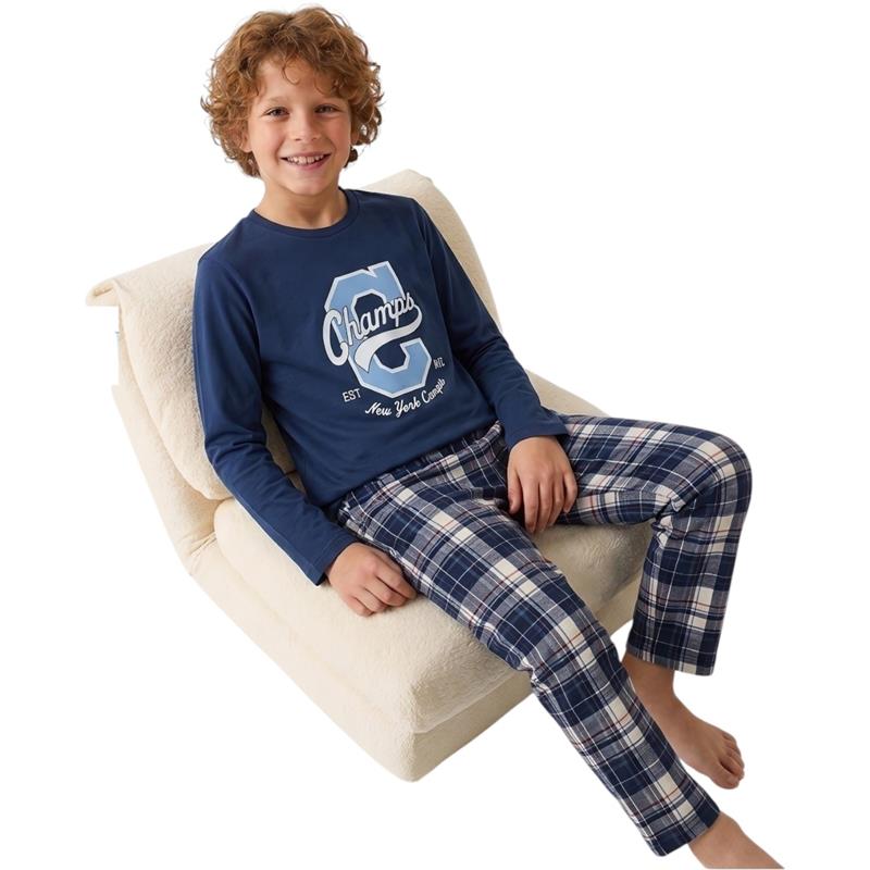 32427 toptan 8/10 yaş erkek çocuk pijamaları (desenli uzun kollu sweatshirt + kareli pantolon)