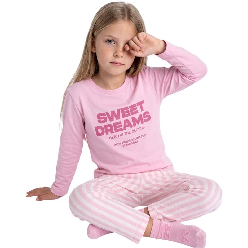 33899 toptan 8-10 yaş arası kız çocuklar için uzun kollu üst ve çizgili pantolon "SWEET DREAMS"  baskılı pijama takımı   