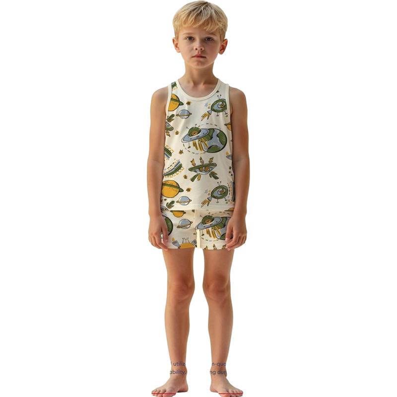 7156 toptan 2-10 yaş arası erkek çocuklar için uzay baskılı (kolsuz tişört ve şort takımı) pijama takımı