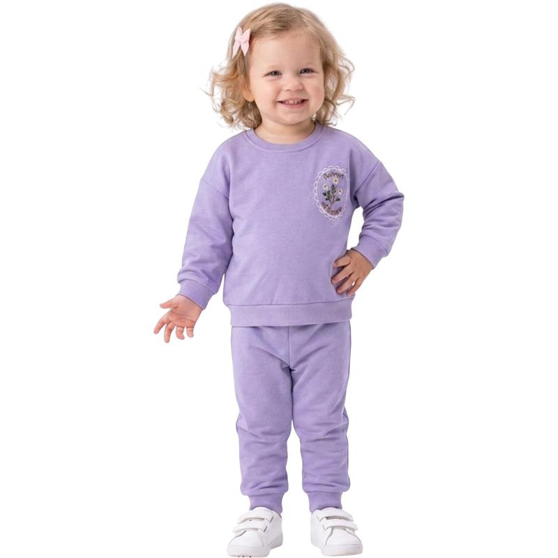 37708 toptan çocuk eşofman takımı  (uzun kollu sweatshirt ve pantolon), 2-5 yaş arası kız çocuklar için dekoratif işlemeli polar kumaştan üretilmiştir