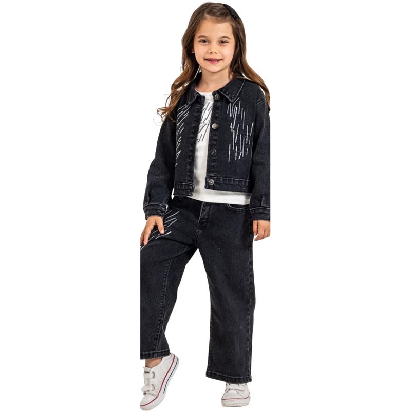 4601  toptan 2-5 yaş arası kız çocuklar için dekoratif detaylı kot ceket, sweatshirt ve pantolon takımı