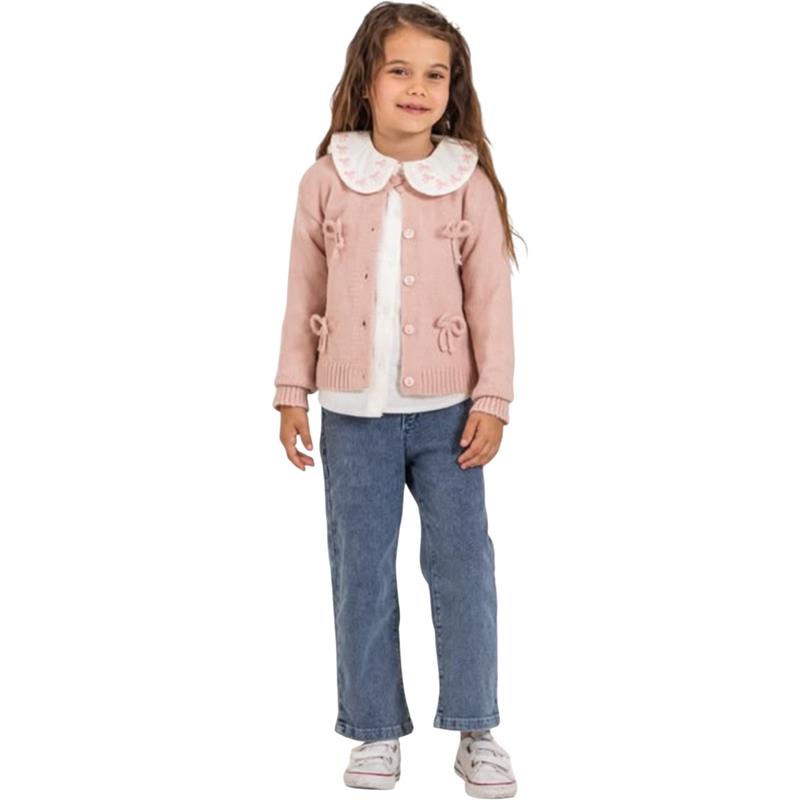 4561 toptan 2-5 yaş arası kız çocukları için triko hırka, dekoratif yakalı bluz ve kot pantolondan oluşan üçlü takım