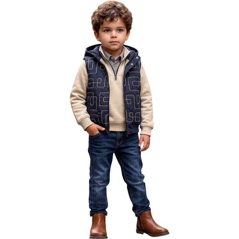 27120 toptan 2-5 yaş arası çocuklar için kapüşonlu kapitone yelek, fermuarlı sweatshirt, gömlek ve kot pantolon giyim seti