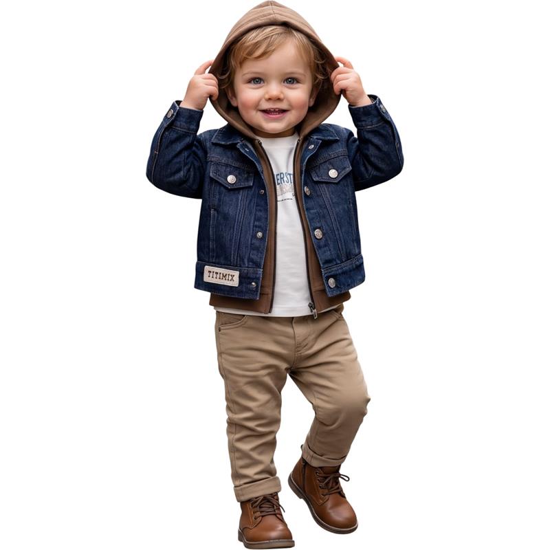 27144  toptan çocuk takımı (kot ceket, kapüşonlu sweatshirt, tişört ve pantolon) 9-24 ay arası erkek çocuklar için