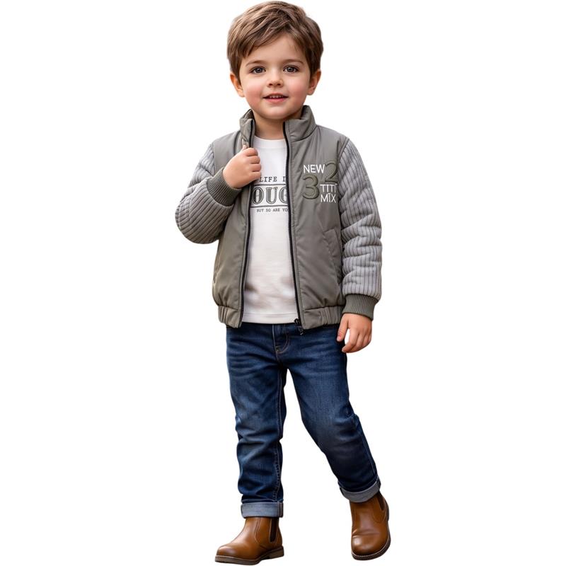 27108 9-24 aylık erkek çocuklar için toptan giyim seti (bomber ceket, tişört, kot pantolon).