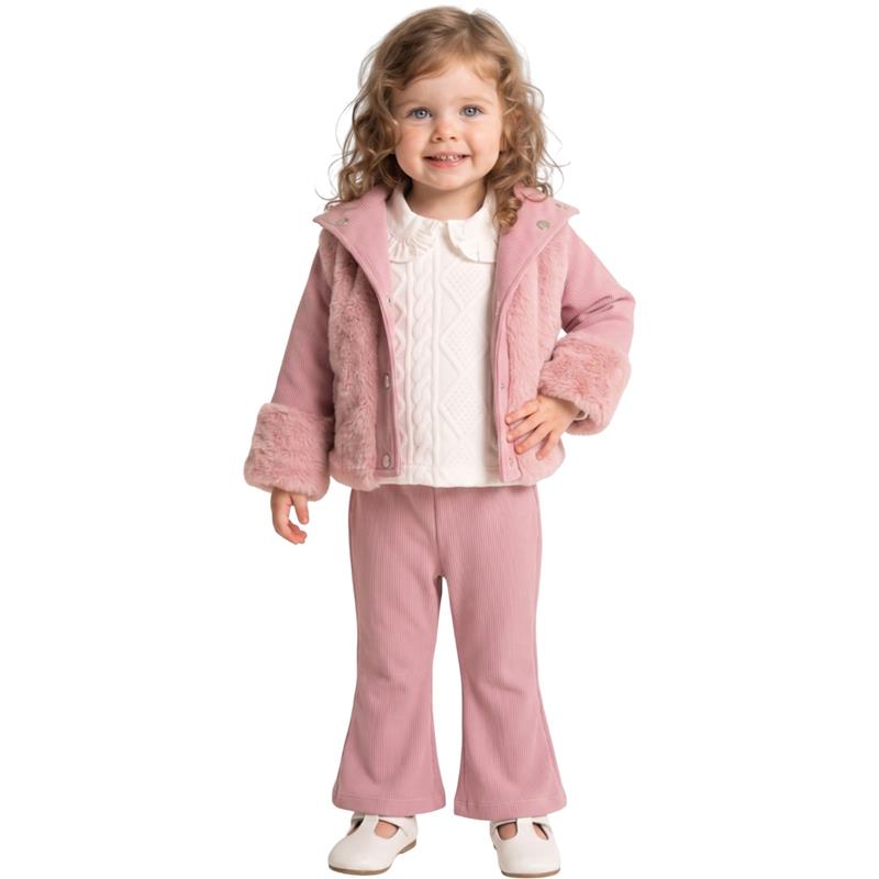 9101  toptan kız çocuk giyim seti, üç parçadan oluşmaktadır: kürklü ceket/blazer, kazak/bluz ve pantolon (1-4 yaş arası çocuklar için)