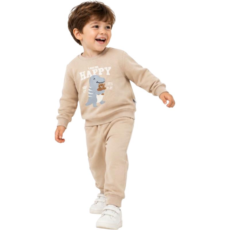 6365  toptan 1-4 yaş arası erkek çocuklar için polar kumaştan üretilmiş eşofman takım, "dinozor ve oyuncak ayı" baskılı, "HAPPY LET'S PLAY" yazılı