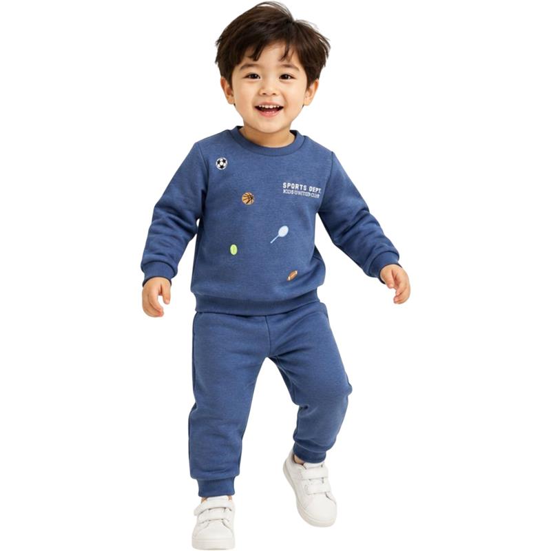 6371 toptan çocuk spor takımı (uzun kollu sweatshirt ve pantolon), 1-4 yaş arası çocuklar için dekoratif baskılı polar kumaştan üretilmiştir